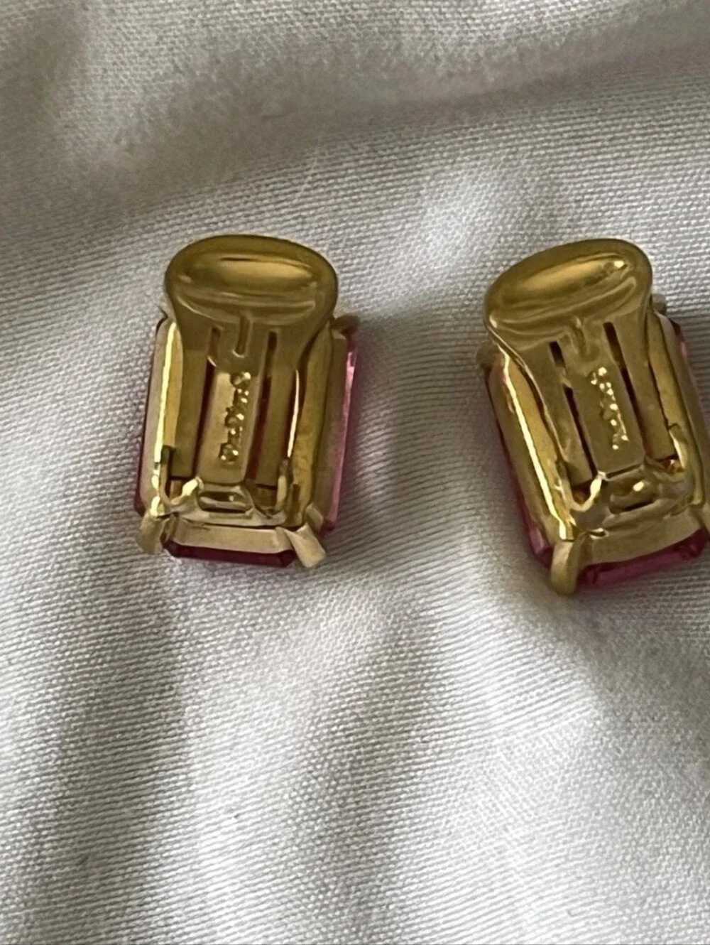Christian Dior VTG Gold Tone Signed Pink Emerald Cut Crystal Clip Earrings 1950'
